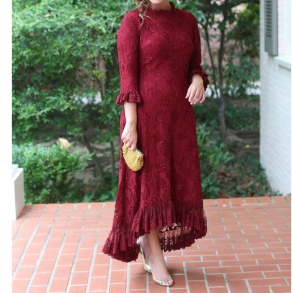 Dainty Jewell Women's Burgundy Lace Midi Dress with Ruffle Hem - Picture 10 of 12